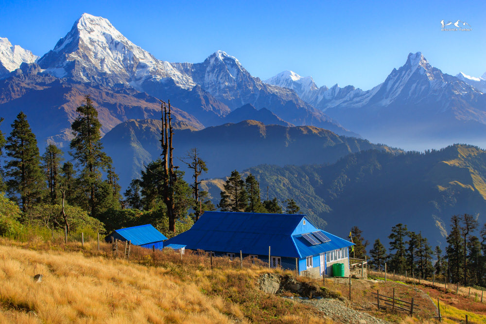Panoramic sunrise view of Annapurna and Dhaulagiri from Kokhe Danda ridge, Parbat District, Nepal